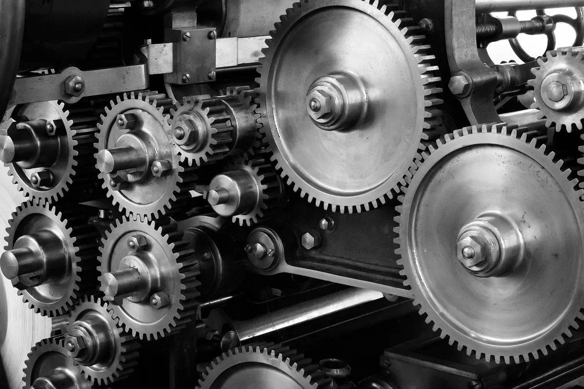 Close-up of industrial gears and machined components